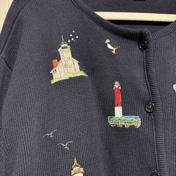 Vintage Tia Cotton Cardigan Sweater Lighthouses Coastal Navy Blue Size XL - Picture 2 of 6